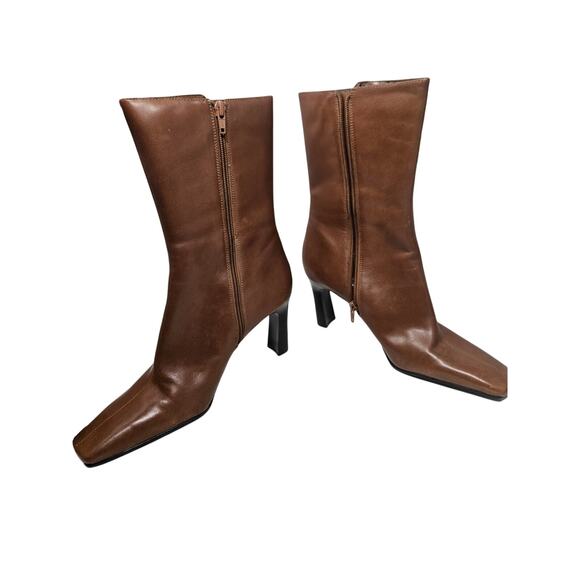 Vintage Y2K Bandolino 10 Brown Leather Square Toe Buckle Chunky Boot Minimalist - Picture 3 of 7